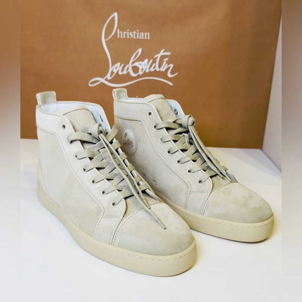 Christian Louboutin Louis Orlato Flat High-Top Sneakers Goose Grey Suede Size 44